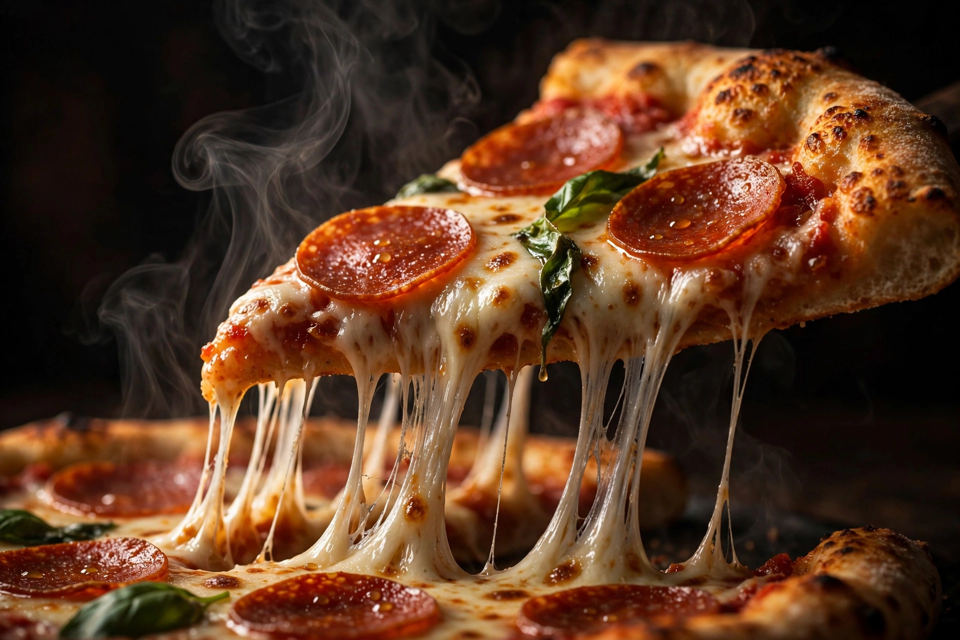 Pizza slice lifted with a long melted cheese pull