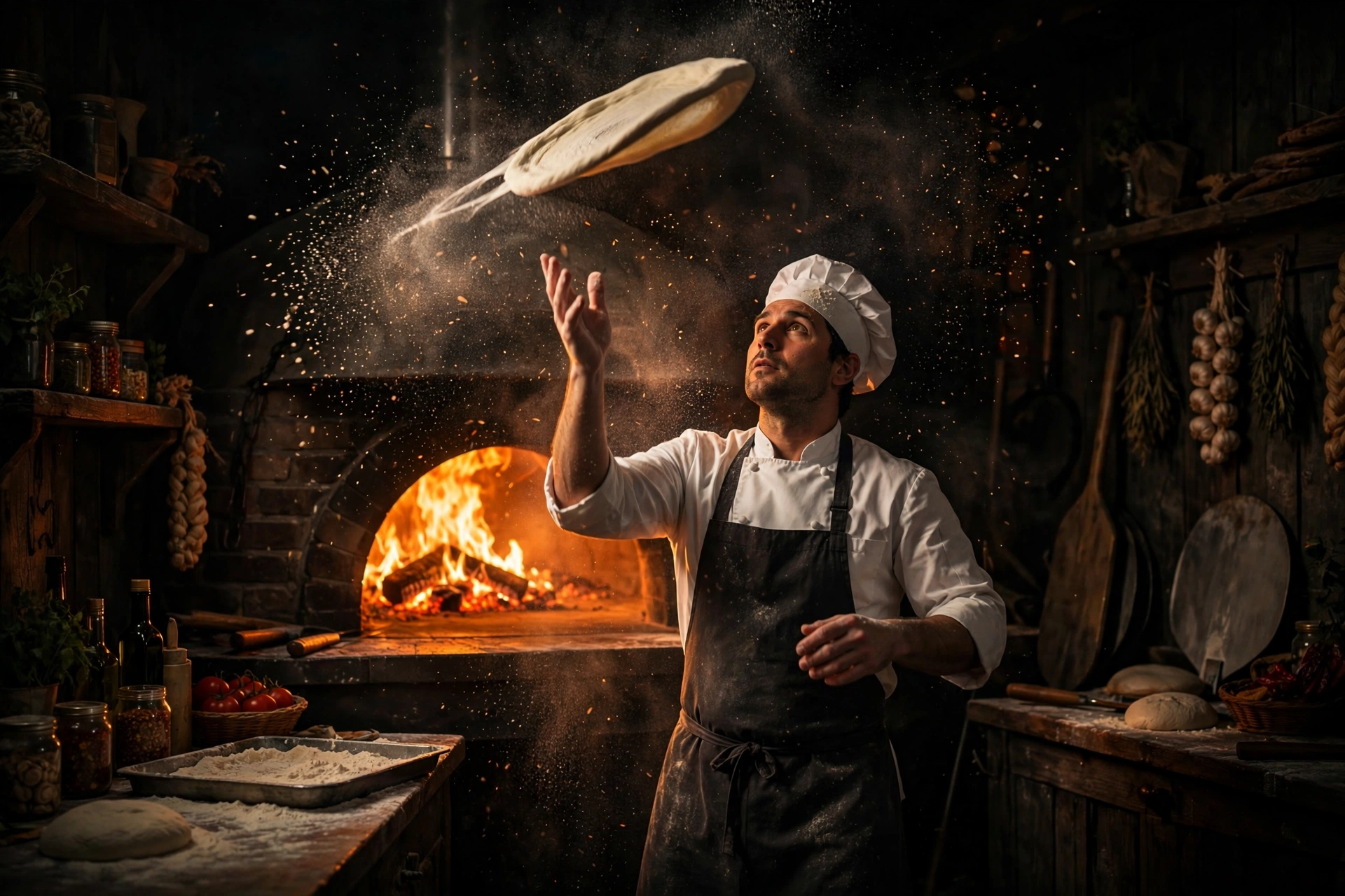 Pizza chef tossing dough in front of a glowing wood-fired oven