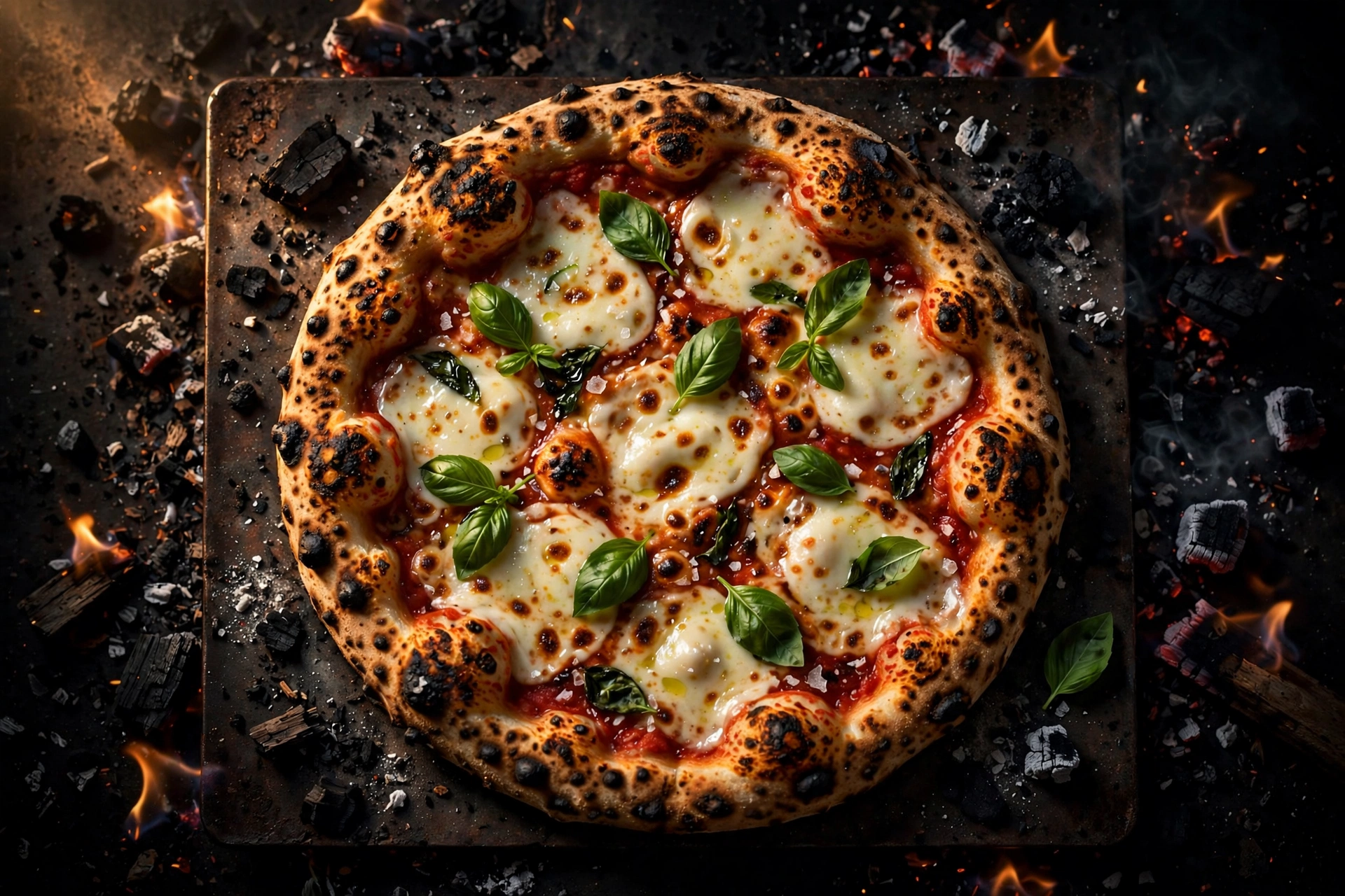Wood-fired margherita pizza with charred crust, surrounded by glowing embers